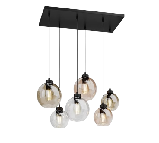 Suspension Cubus, 74 cm, 6 lampes, transparent/miel/brun, verre