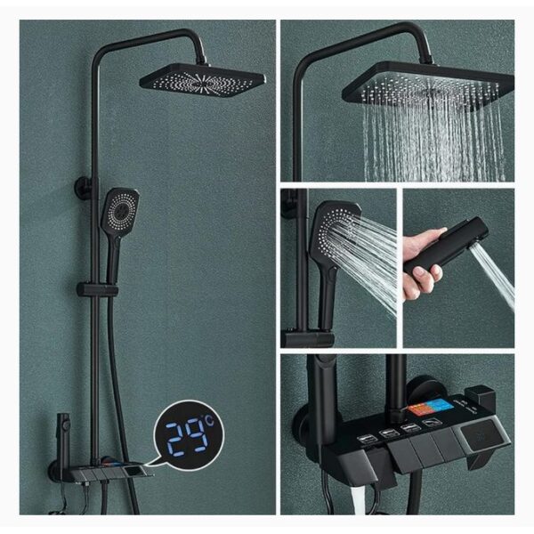 Ensemble colonne douche quatre jets avec pomme douche pluie et Douchette hygiène pour salle de bain combine douche avec mitigeur baignoire pour salle de bain avec poignée mitigeur thermostatique Gris Noir