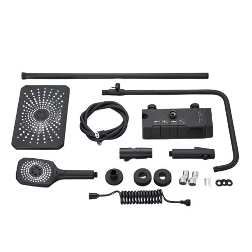 Ensemble colonne douche quatre jets avec pomme douche pluie et Douchette hygiène pour salle de bain combine douche avec mitigeur baignoire pour salle de bain avec poignée mitigeur thermostatique Gris Noir